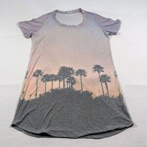 Monrow Womens Palm Tree AOP Print Crew Short Sleeves Tunic Tee Cotton Top Sz XS